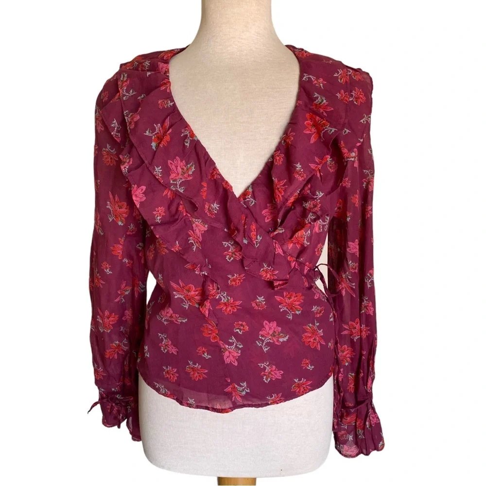 Free People Floral V-neck Long Sleeve Wrap Top
